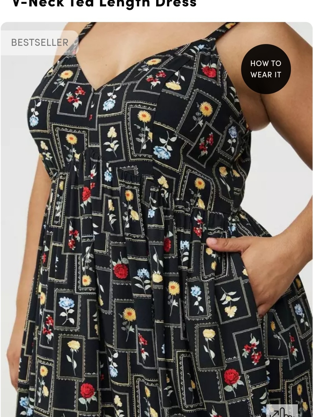 V-Neck Midi Dress in Black Floral Tile Print - Picture 2 of 4